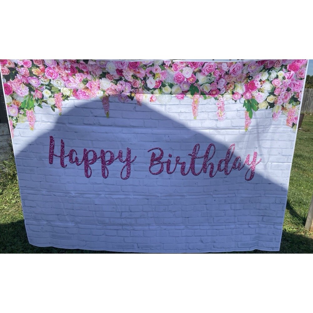 XCKALI White Brick Wall Floral Happy Birthday Backdrop 7x5ft